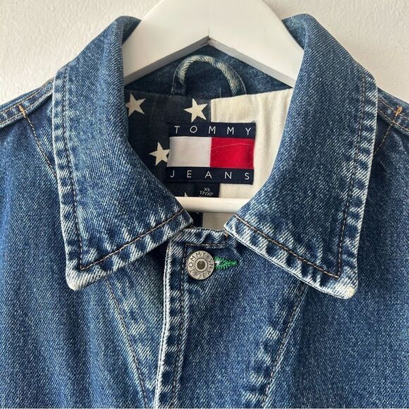 Vintage Tommy Hilfiger Blue Denim Jacket with Red and White Logo - Picture 2 of 16